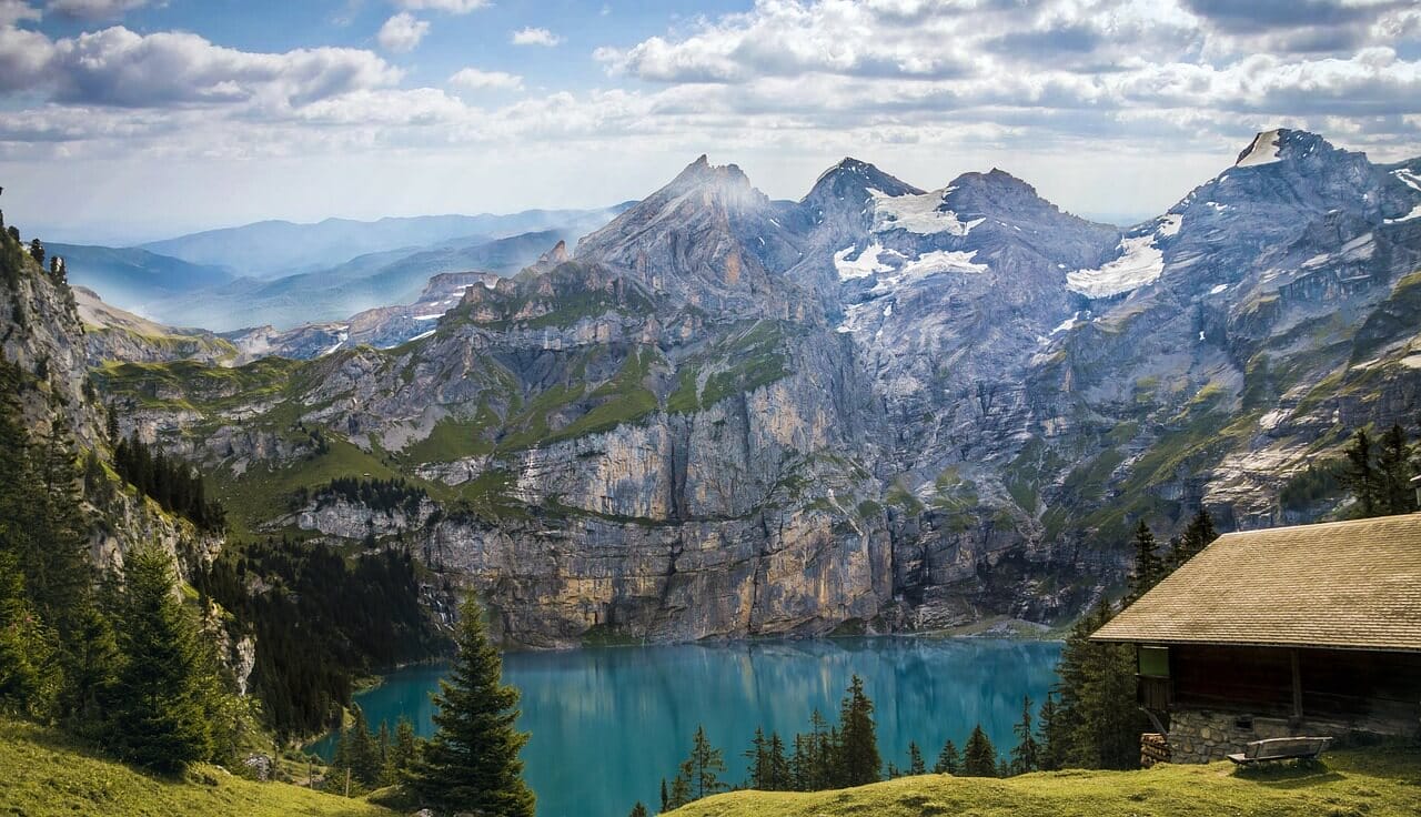 mountains, lake, trees