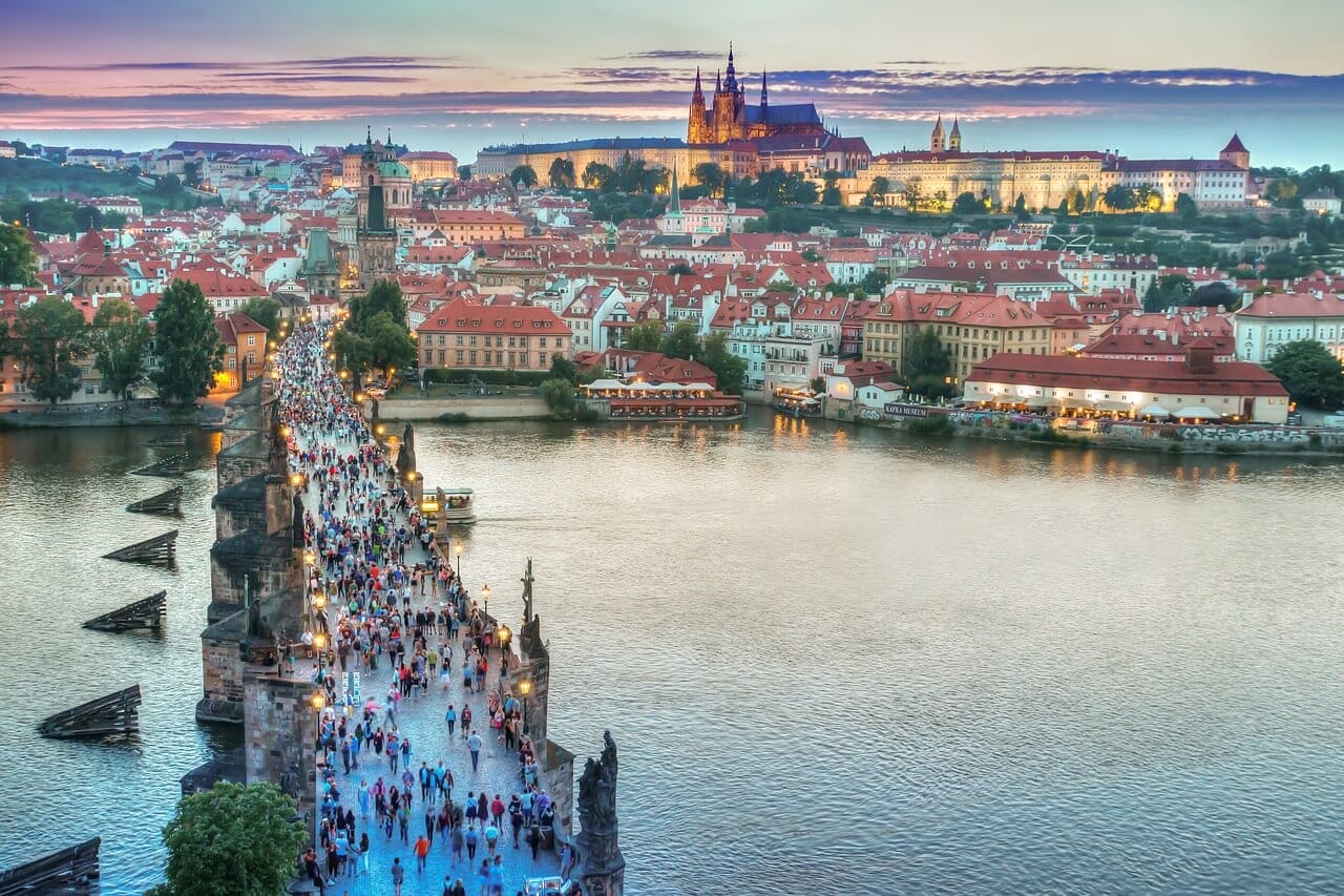 prague, bridge, people