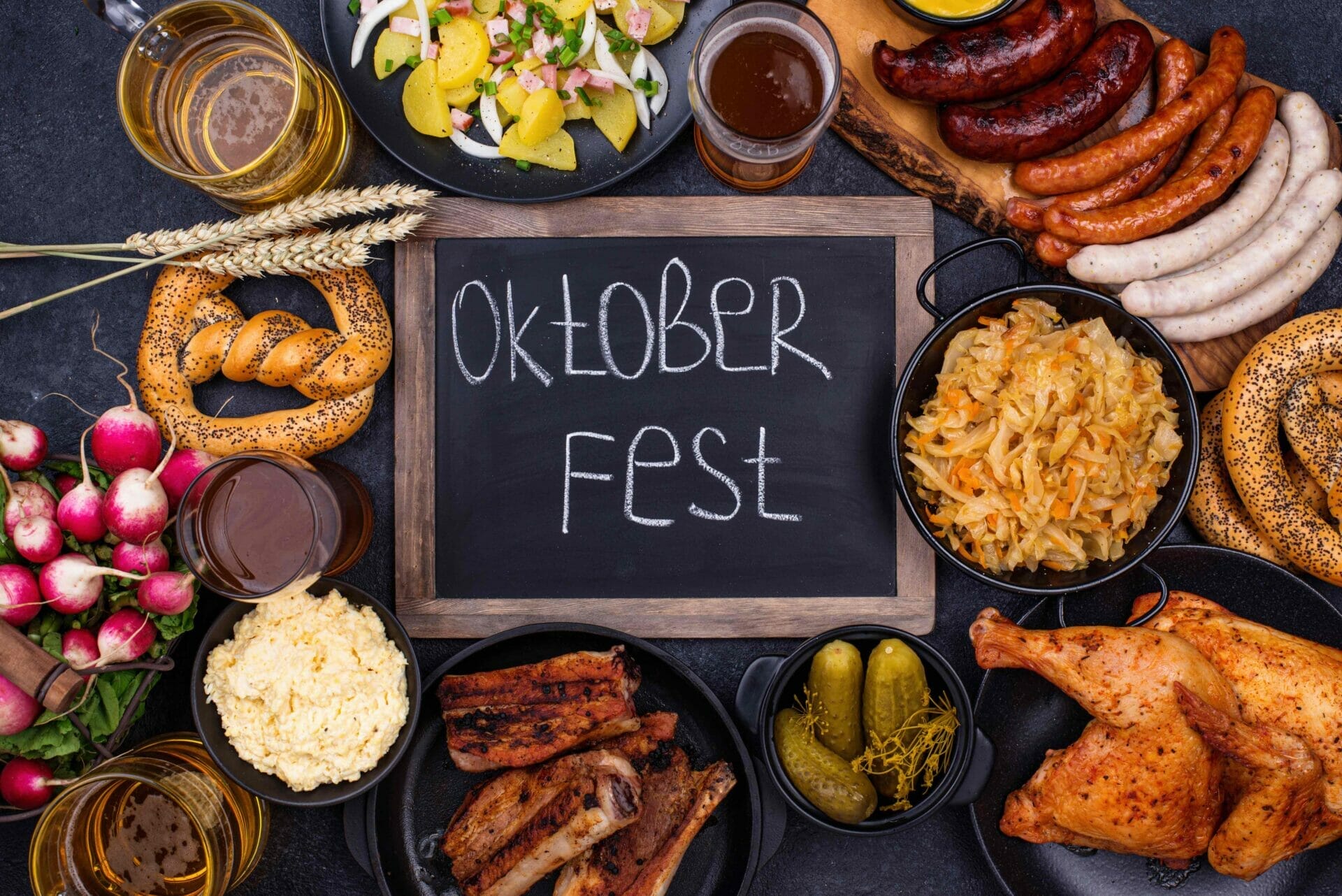 oktoberfest dishes with beer pretzel and sausage 2021 08 29 03 30 25 utc