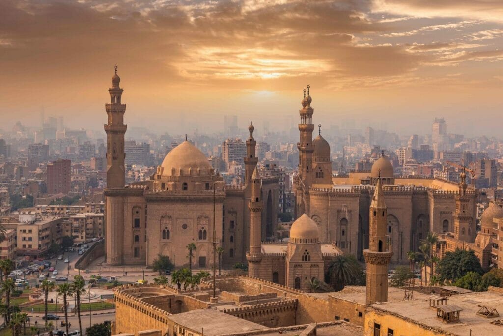 The Mosque-Madrasa of Sultan Hassan at sunset, Cairo Citadel, Egypt.