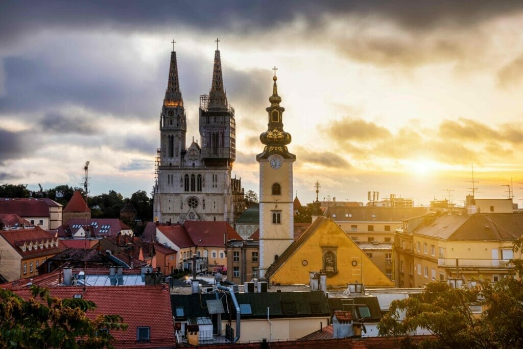 aerial view of the cathedral in zagreb at sunrise 2021 08 29 17 32 47 utc