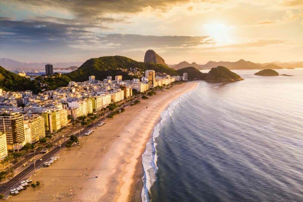 Panorama of Rio de Janeiro at sunset, Brazil. Copacabana beach at sunset.