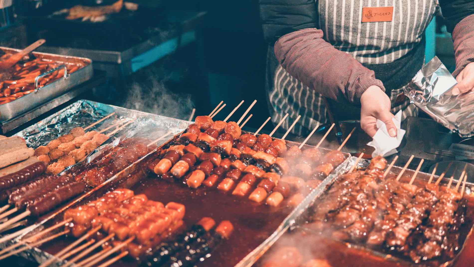 Assortment of foods in Myeong-dong, South Korea