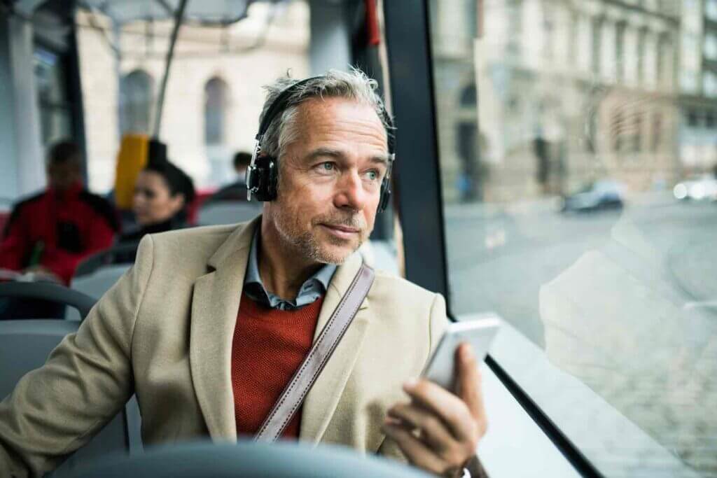 Senior man riding a great transport system