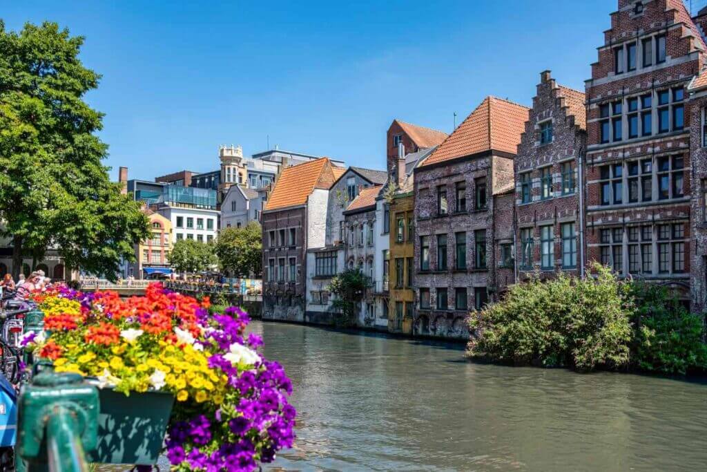 Spring in Ghent, Belgium, with flowers and blue sky