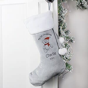 Personalised Christmas Teddy Silver Grey Stocking